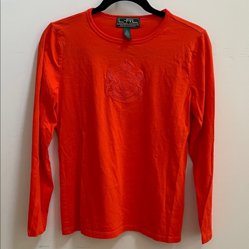 L-RL Lauren Active Ralph Lauren Orange Embroidered Crest long sleeve Tee Medium
